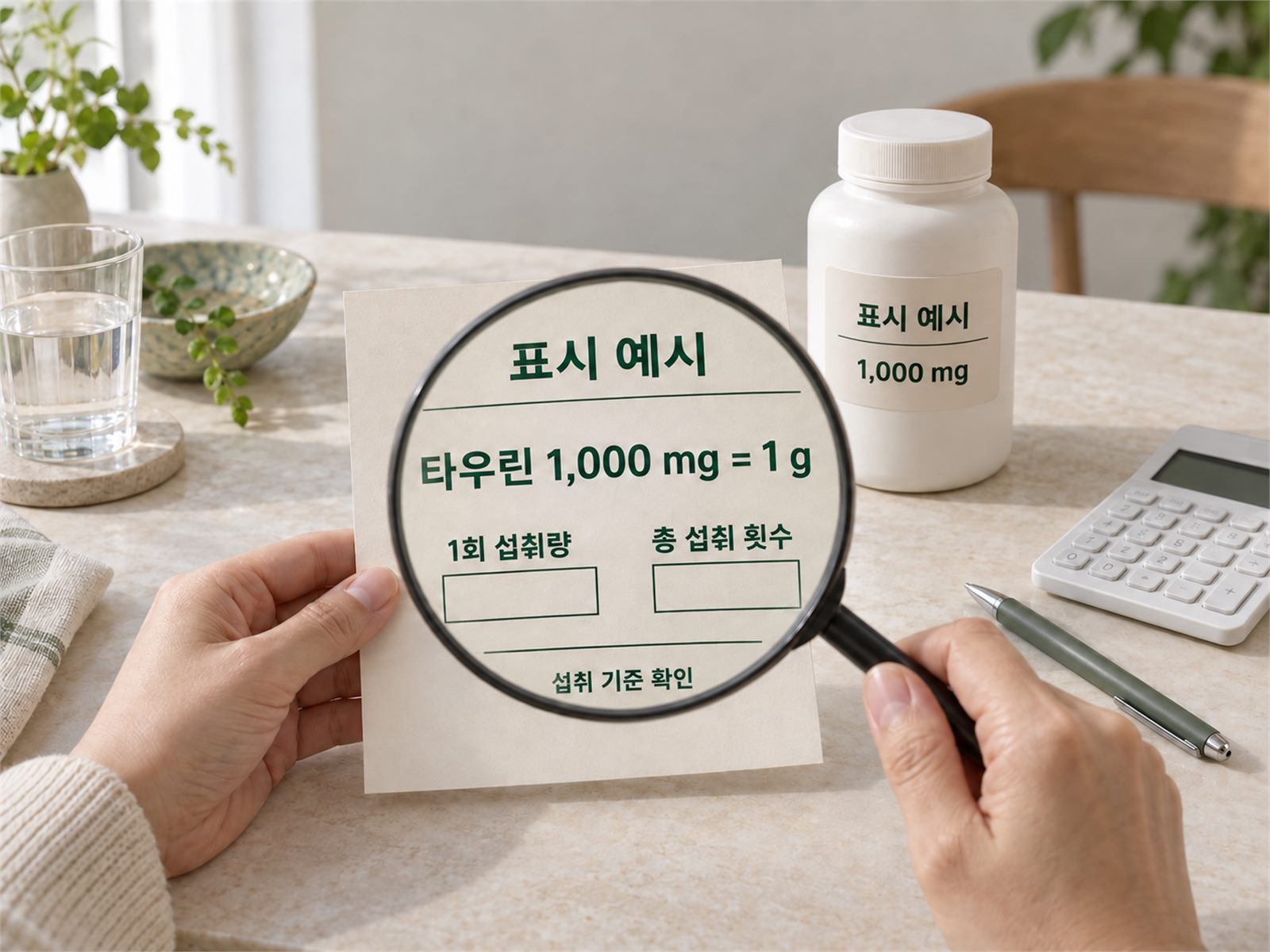타우린 1,000mg이 표시된 보충제와 음료 라벨 사진