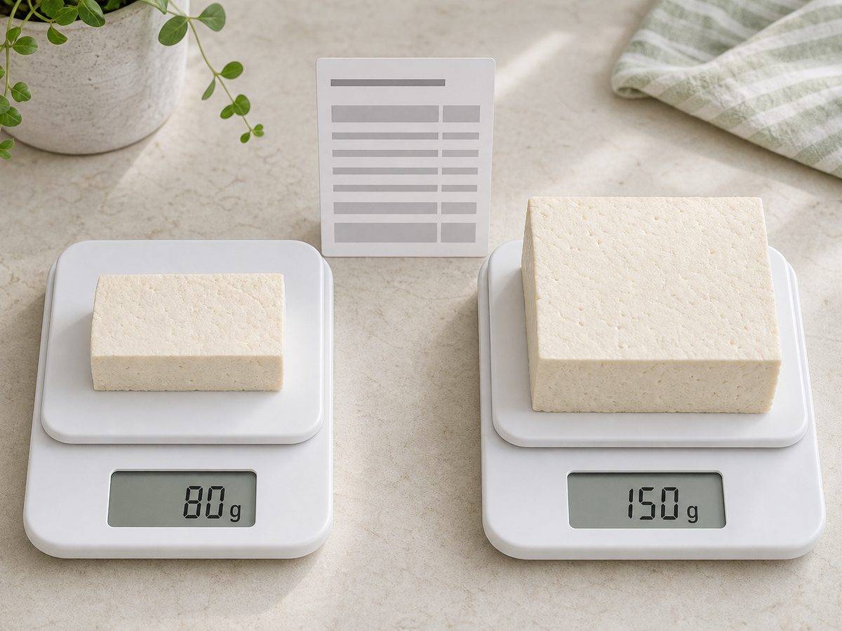 주방저울에 놓인 두부 80g과 150g 및 영양표시 비교