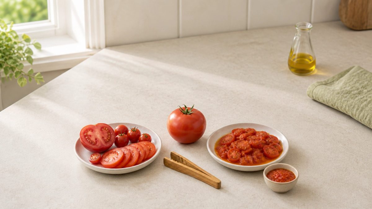 생토마토와 가볍게 익힌 토마토, 무표기 오일병을 한 식탁에서 비교한 모습