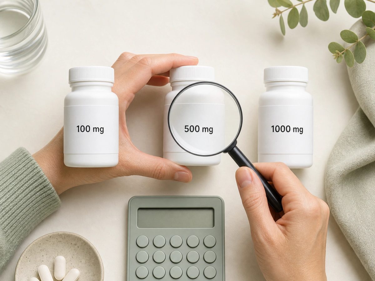 비타민 C 100mg, 500mg, 1000mg 제품의 하루 섭취량 라벨 비교