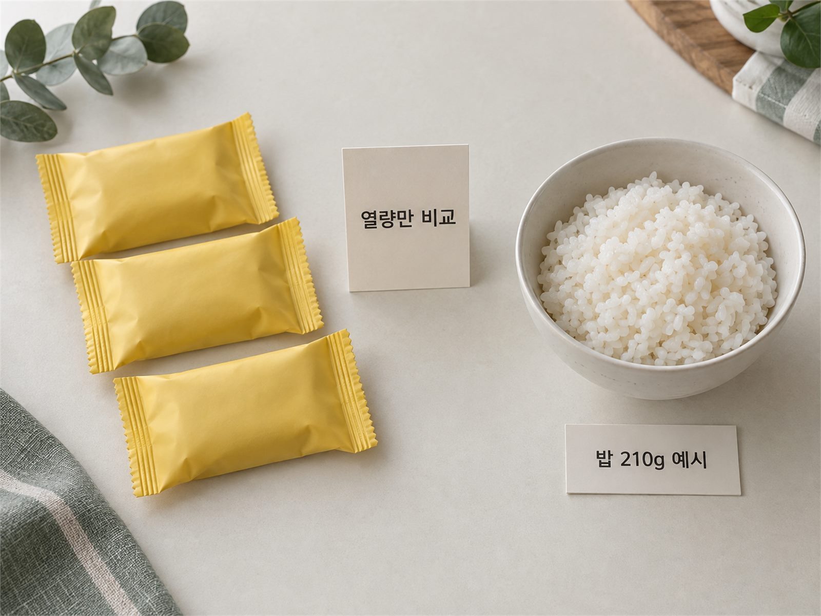 황치즈칩 세 봉과 밥 한 공기 열량 비교